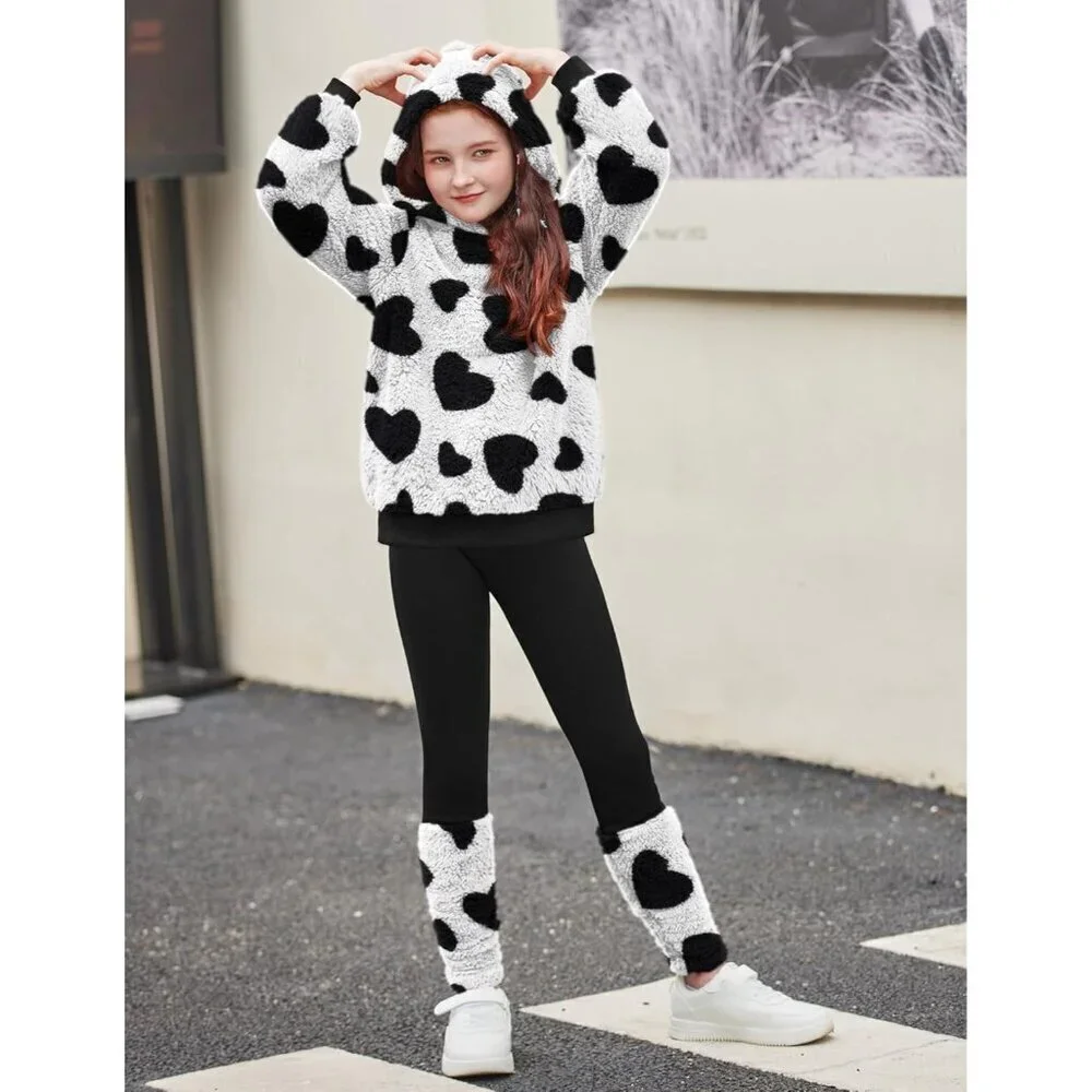 Arshiner Girls 2 Piece Outfits Fuzzy Long Sleeve Hoodie Sweatshirts and Patchwor